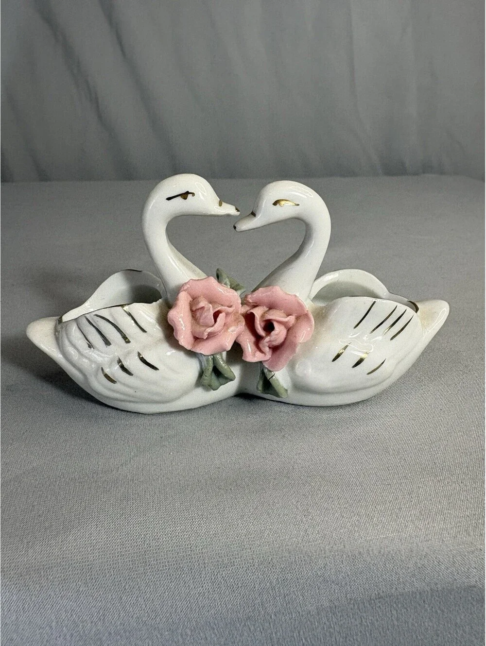 Vintage Double Swan Ceramic Bud Vase Planter Pink Roses Gold Trim Romantic Decor